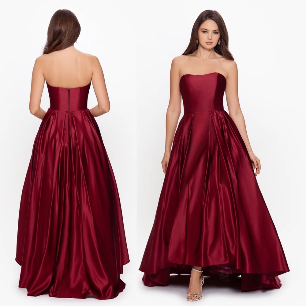 Betsy & Adam PETITE "ALETTA" LONG STRAPLESS BALL GOWN Dark Red size 2P NWT